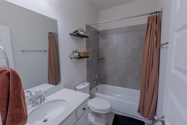 bathroom with toilet, shower / bathtub combination with curtain, and vanity