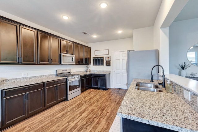 kitchen featuring dark brown cabinetry, stainless steel appliances, a sink, visible vents, and light wood-style floors