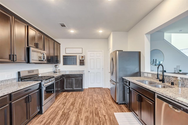 kitchen featuring stainless steel appliances, a sink, visible vents, light wood-style floors, and dark brown cabinets