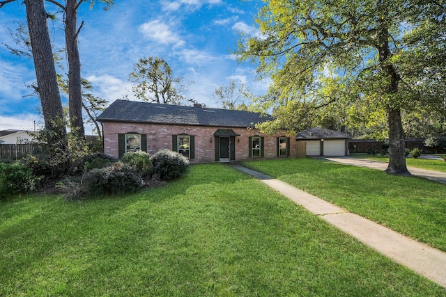 view of front facade featuring concrete driveway, roof with shingles, an attached garage, a front lawn, and brick siding