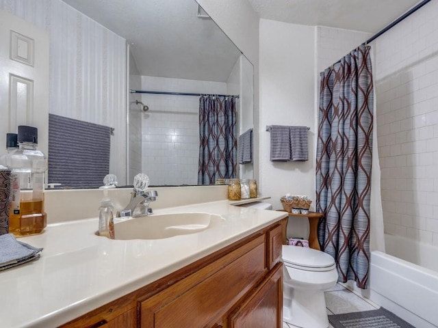 full bathroom featuring shower / bath combination with curtain, vanity, toilet, and tile patterned floors