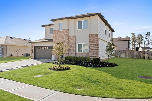 view of front of home featuring brick siding, fence, central air condition unit, concrete driveway, and a front yard