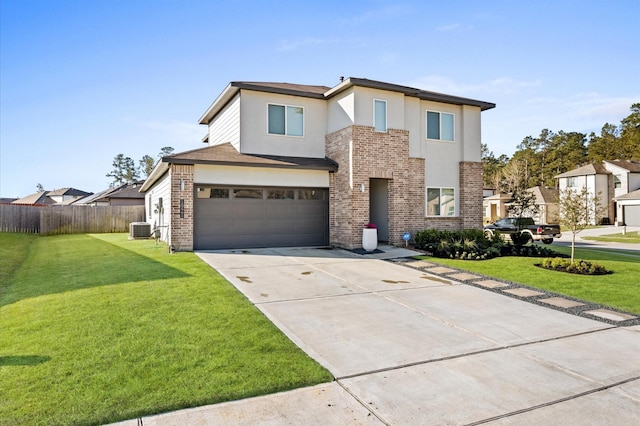 view of front facade featuring a front yard, cooling unit, fence, driveway, and stucco siding