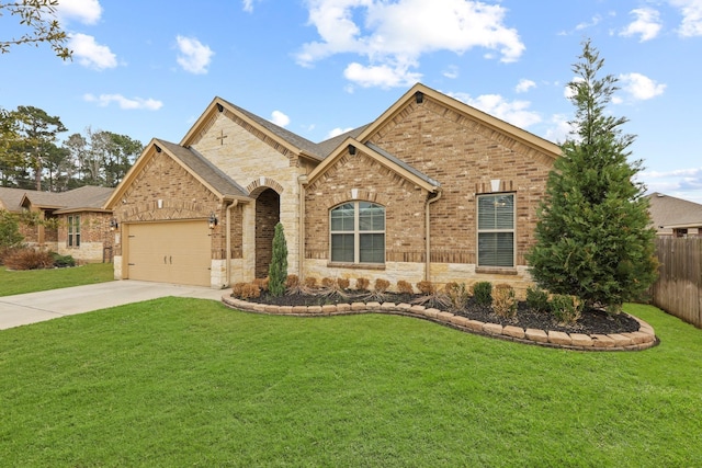 view of front of home with brick siding, a front yard, and an attached garage