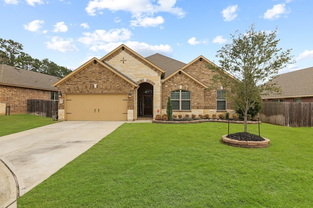 view of front facade featuring fence, driveway, a front lawn, a garage, and brick siding