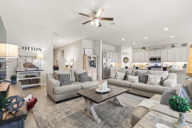 living area with recessed lighting, visible vents, a ceiling fan, and light tile patterned floors