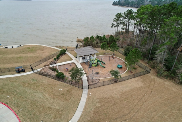 bird's eye view with a water view