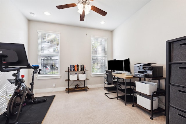 office area featuring recessed lighting, carpet flooring, ceiling fan, and baseboards