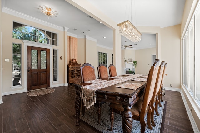 dining area with baseboards, dark wood-type flooring, and a healthy amount of sunlight