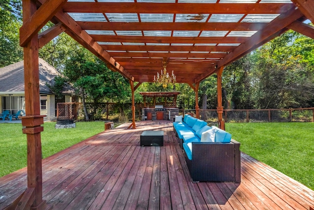 wooden deck featuring a fenced backyard, a lawn, an outdoor living space, and a pergola