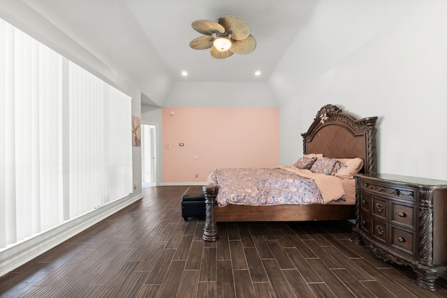 bedroom with baseboards, a ceiling fan, lofted ceiling, wood tiled floor, and recessed lighting