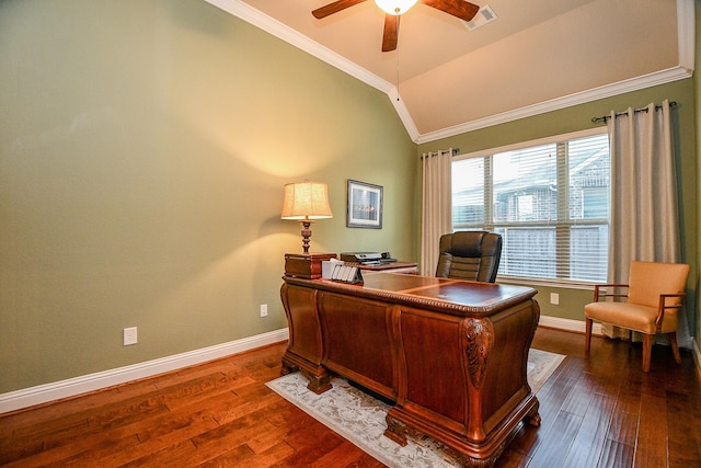 office area with dark wood finished floors, lofted ceiling, crown molding, and ceiling fan