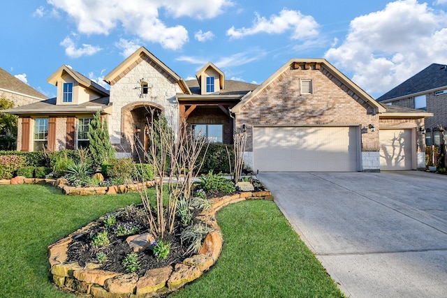 view of front of home with stone siding, concrete driveway, a front yard, a garage, and brick siding