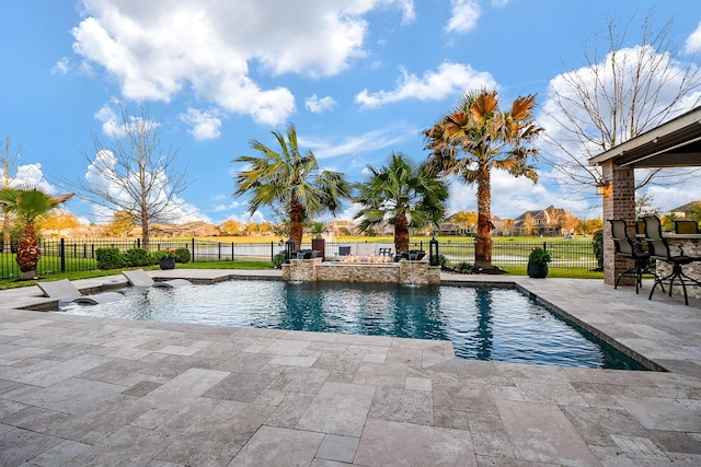 view of swimming pool featuring a fenced in pool, a patio, and fence