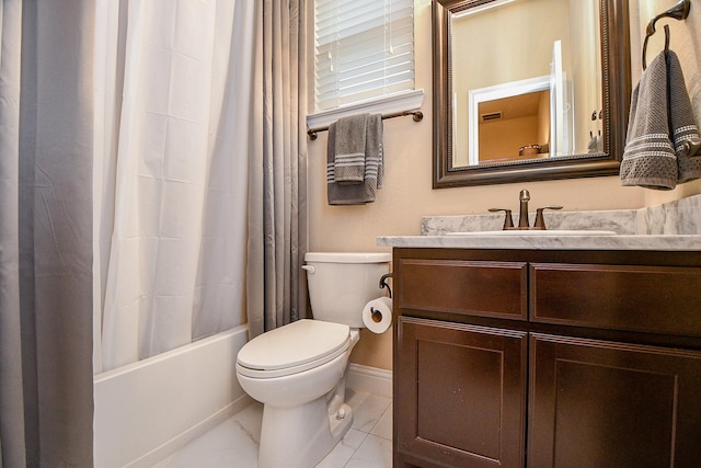 full bathroom featuring vanity, shower / bath combination with curtain, toilet, and baseboards