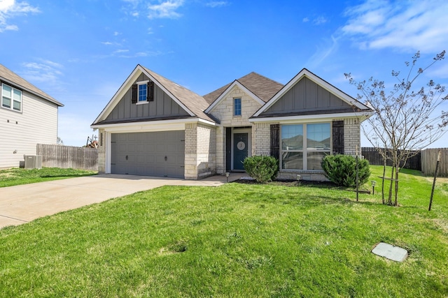 craftsman house featuring brick siding, central air condition unit, board and batten siding, driveway, and a front lawn