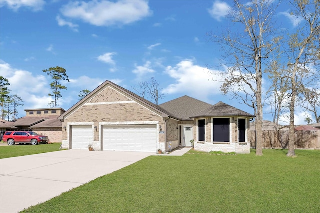 ranch-style house featuring brick siding, concrete driveway, a front yard, fence, and a garage