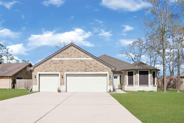 view of front of property featuring an attached garage, driveway, fence, and a front yard