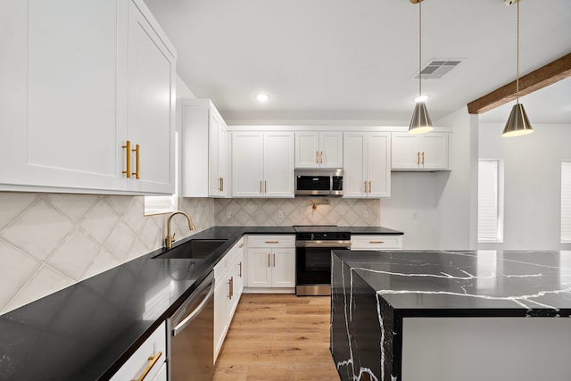 kitchen with visible vents, appliances with stainless steel finishes, a sink, white cabinetry, and backsplash