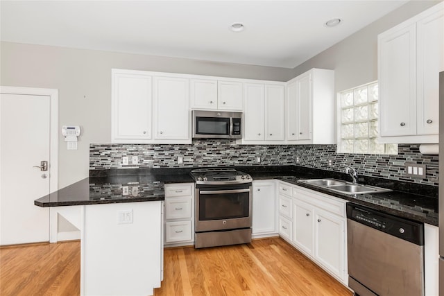 kitchen featuring a peninsula, white cabinetry, stainless steel appliances, and a sink