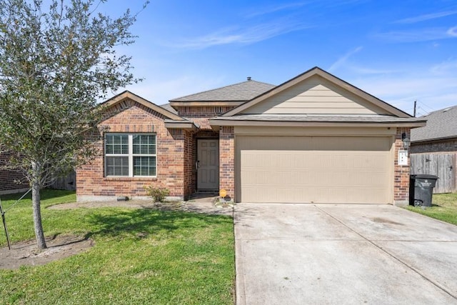 single story home featuring a garage, driveway, brick siding, and a front lawn