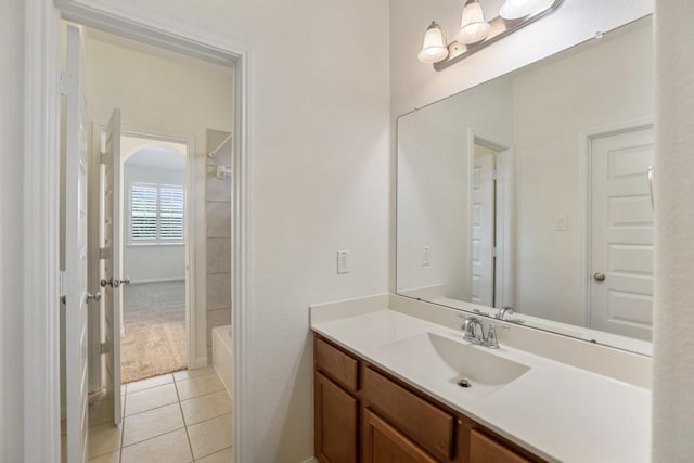 full bath with vanity, shower / bathtub combination, and tile patterned floors