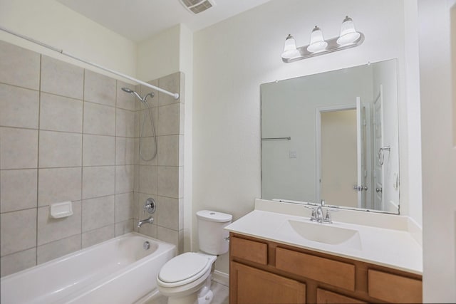 bathroom with toilet, shower / bathing tub combination, vanity, and visible vents