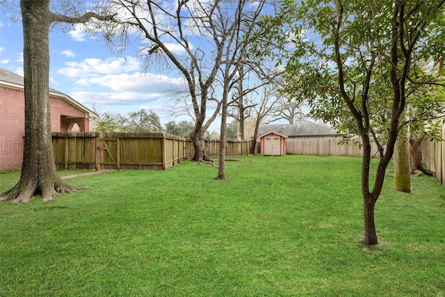 view of yard with a fenced backyard, an outdoor structure, and a storage unit