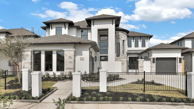 prairie-style home with a fenced front yard, stucco siding, a shingled roof, an attached garage, and stone siding