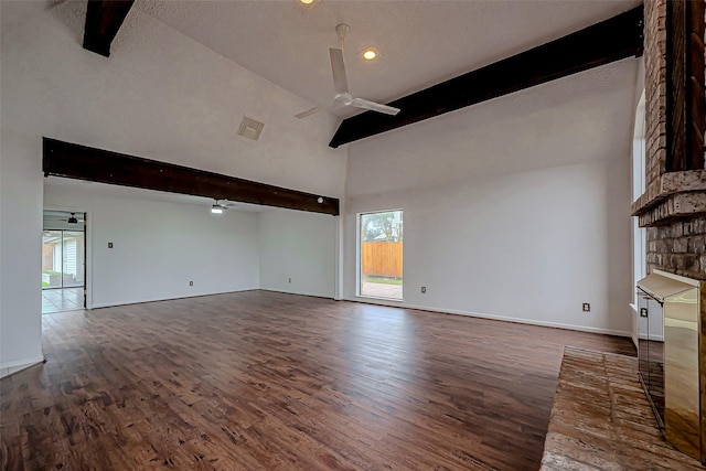 unfurnished living room featuring visible vents, beam ceiling, high vaulted ceiling, dark wood-type flooring, and a ceiling fan