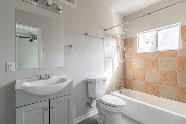 bathroom with toilet, shower / bathing tub combination, vanity, and baseboards