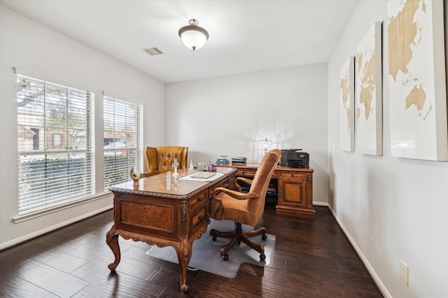 home office with dark wood-type flooring, visible vents, and baseboards