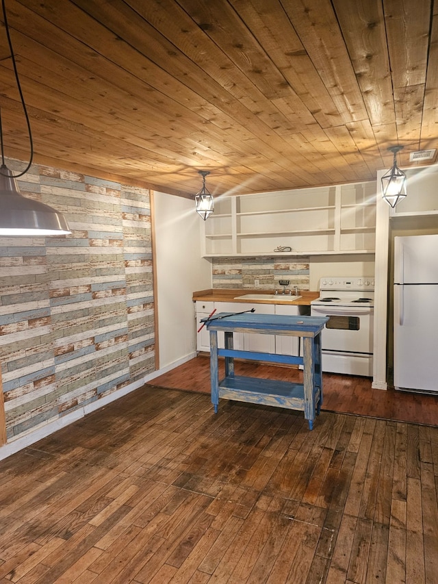 recreation room with a sink, wooden ceiling, visible vents, and dark wood-type flooring