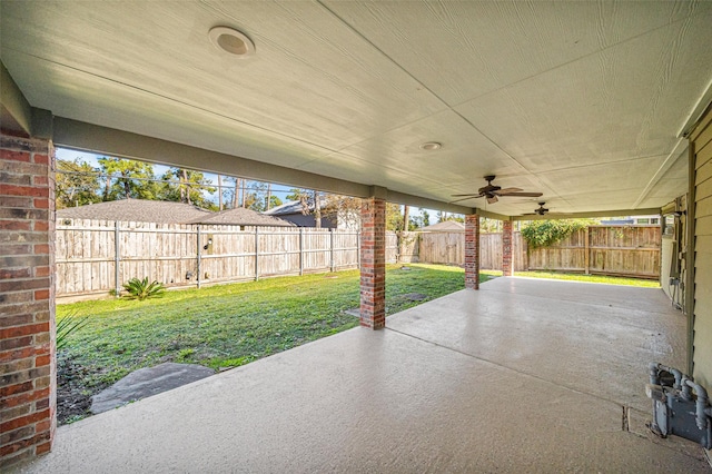 view of patio featuring ceiling fan and a fenced backyard