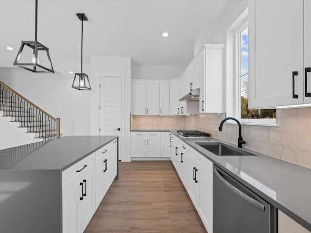 kitchen with stainless steel appliances, white cabinets, a sink, wood finished floors, and under cabinet range hood