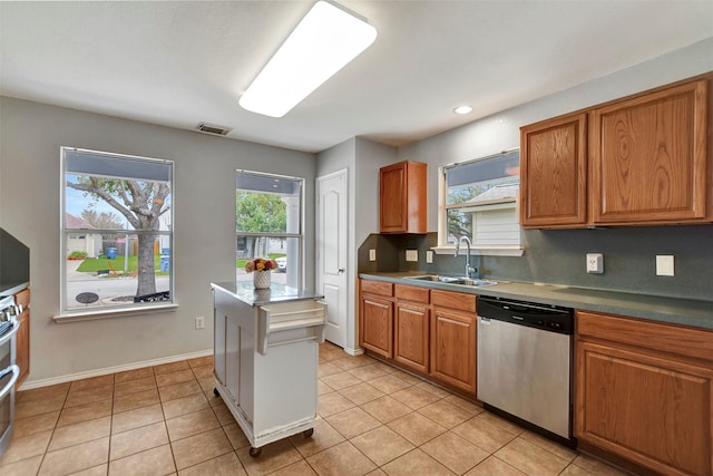 kitchen featuring a sink, plenty of natural light, visible vents, and stainless steel dishwasher