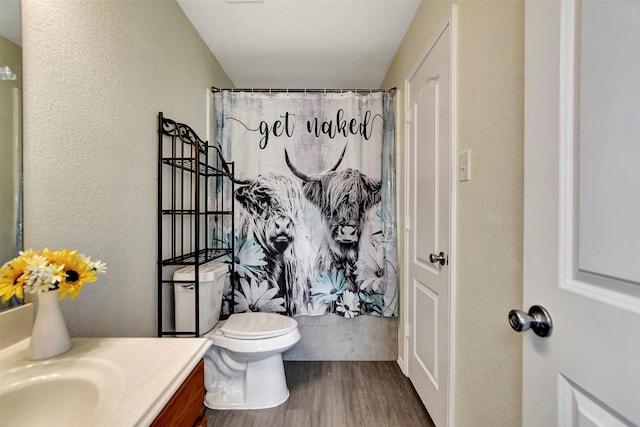 full bathroom with a textured wall, toilet, vanity, wood finished floors, and a shower with curtain