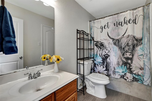 bathroom with a textured wall, toilet, wood finished floors, vanity, and a shower with curtain