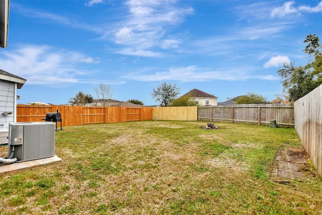 view of yard featuring central air condition unit and a fenced backyard