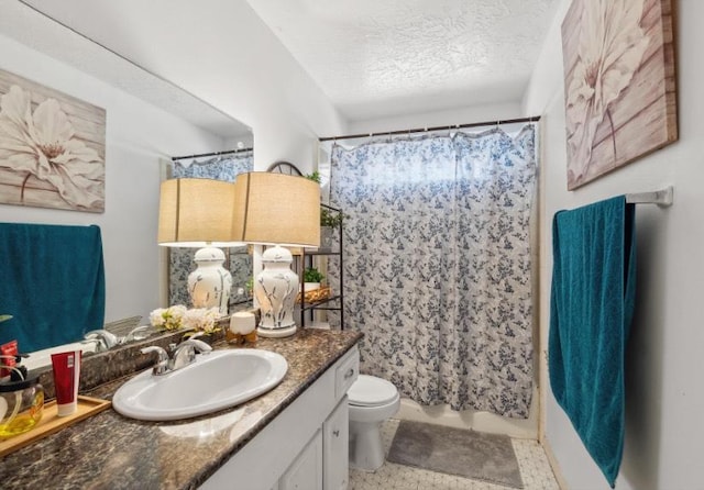 bathroom with shower / bathtub combination with curtain, a textured ceiling, vanity, and toilet