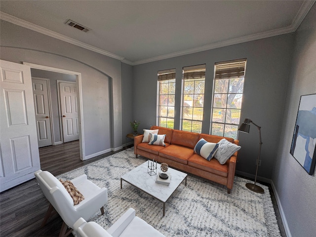 living area with baseboards, visible vents, and crown molding