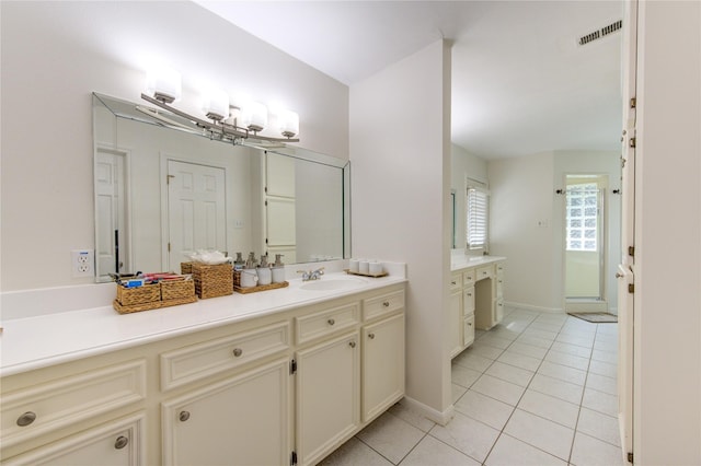 bathroom with tile patterned flooring, visible vents, vanity, and baseboards