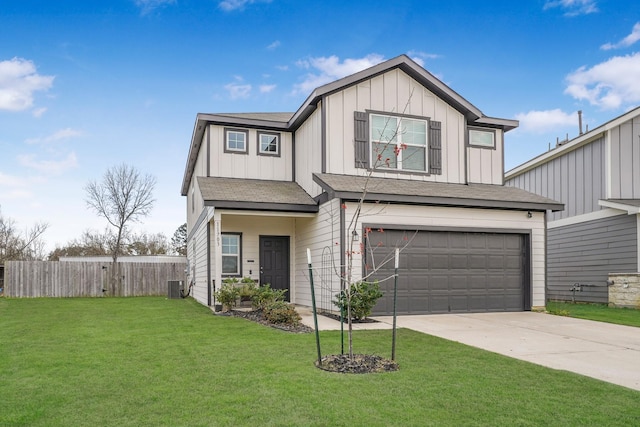 view of front of house featuring an attached garage, central air condition unit, fence, concrete driveway, and board and batten siding