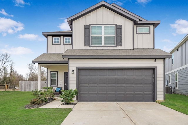 traditional-style house with concrete driveway, an attached garage, board and batten siding, fence, and a front lawn