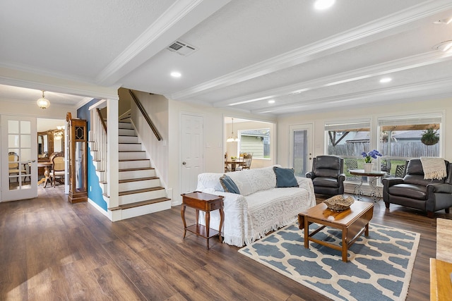 living area featuring stairway, visible vents, beam ceiling, dark wood-type flooring, and crown molding