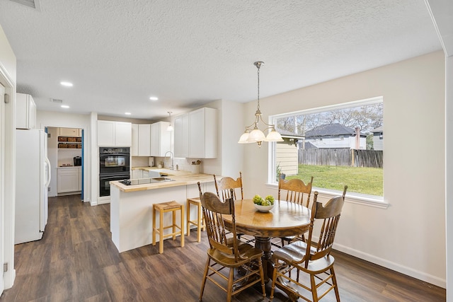 dining room featuring dark wood finished floors, recessed lighting, a textured ceiling, and baseboards