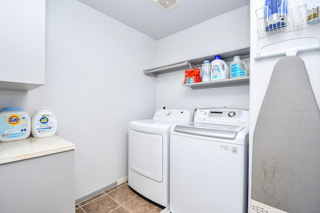 laundry room featuring laundry area, visible vents, baseboards, tile patterned floors, and washing machine and clothes dryer