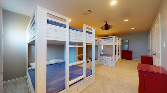 carpeted bedroom with baseboards, visible vents, french doors, and recessed lighting