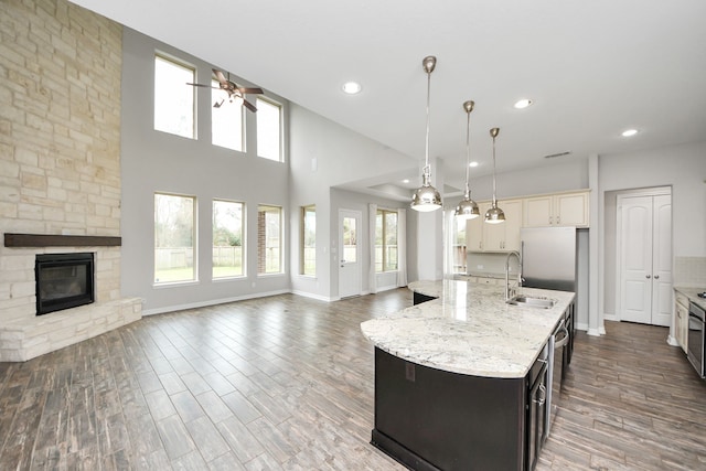 kitchen with wood finished floors, open floor plan, a sink, and a stone fireplace