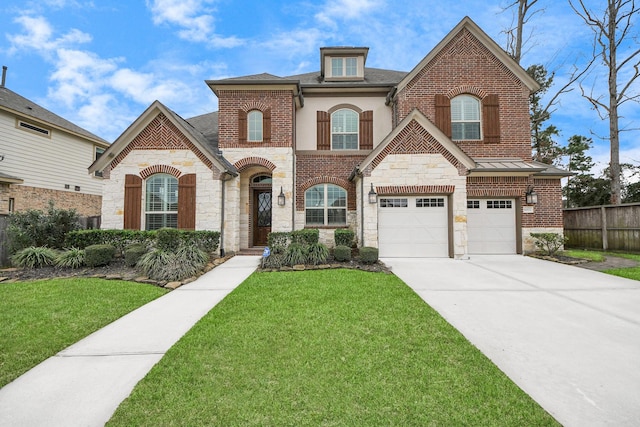 view of front of property with brick siding, a front yard, fence, a garage, and driveway